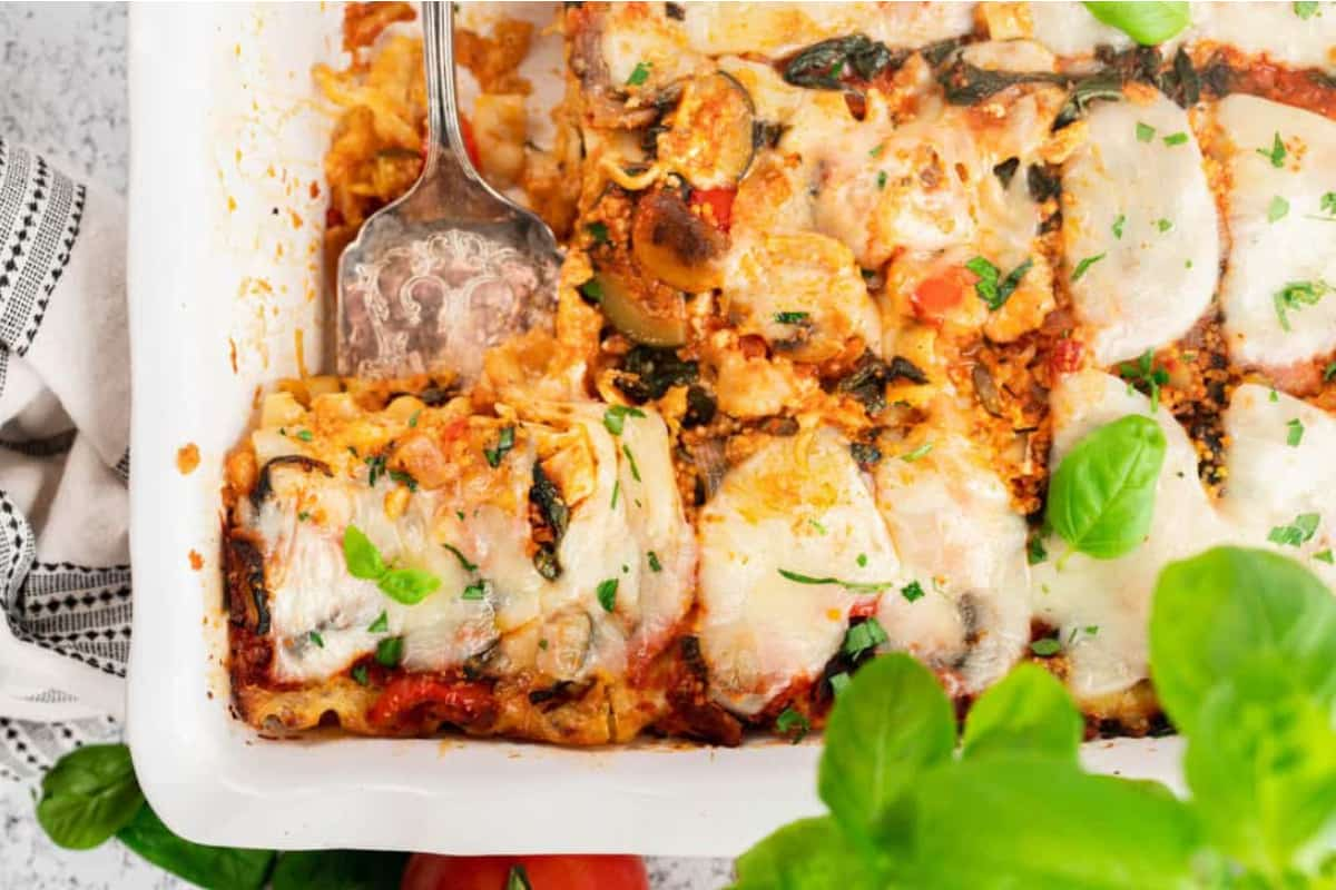 A casserole dish of veggie lasagna.