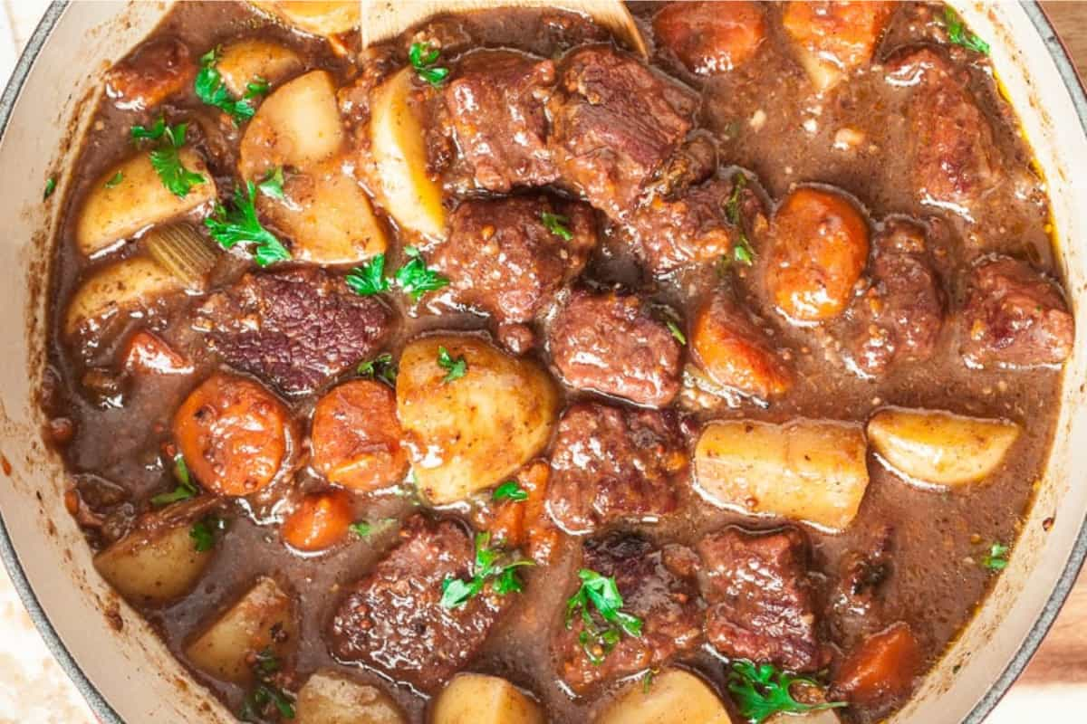 Overhead image of a bowl of beef stew.