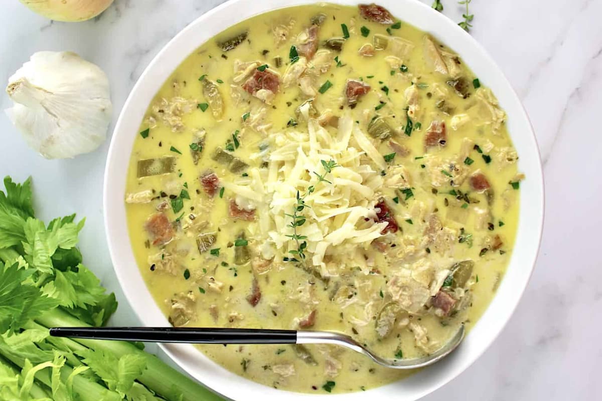 A bowl of chicken cordon bleu soup.