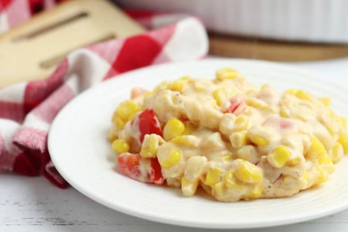 A plate of corn casserole.