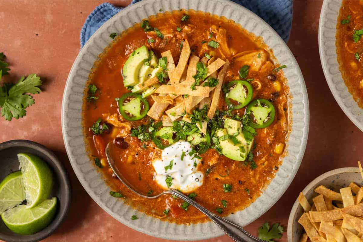 A bowl of creamy tortilla soup.