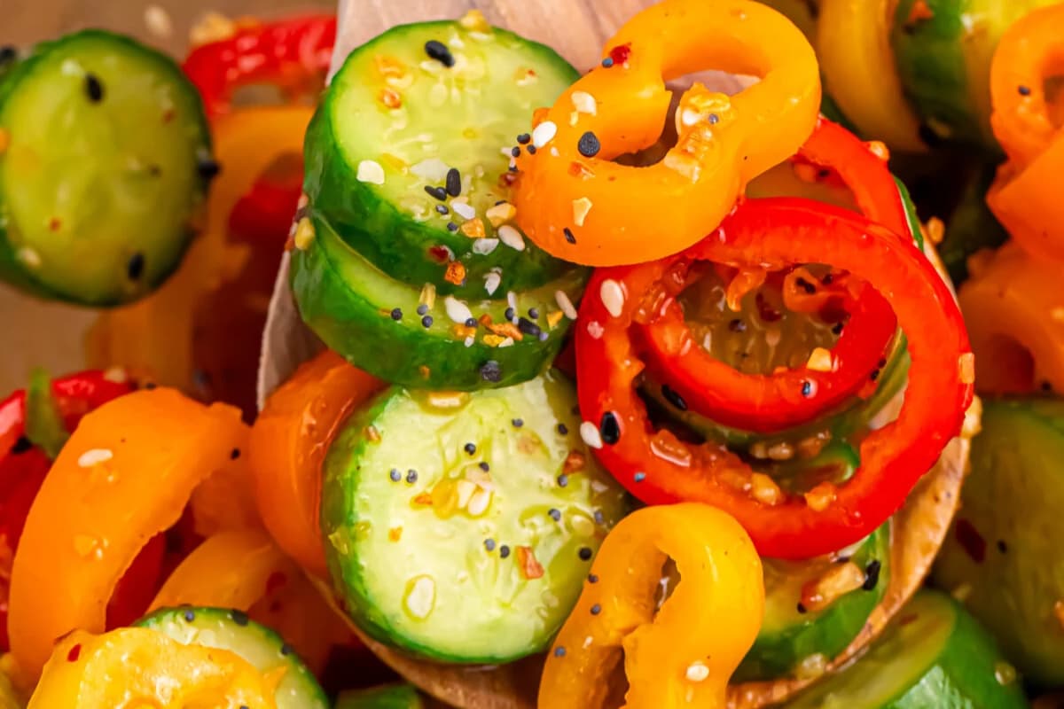 Closeup of cucumber sweet pepper salad.