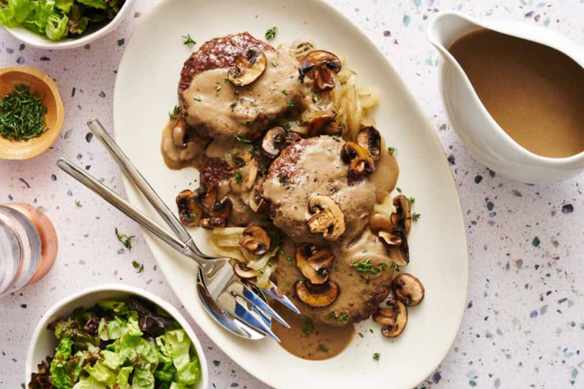 Hamburger steaks on a plate.