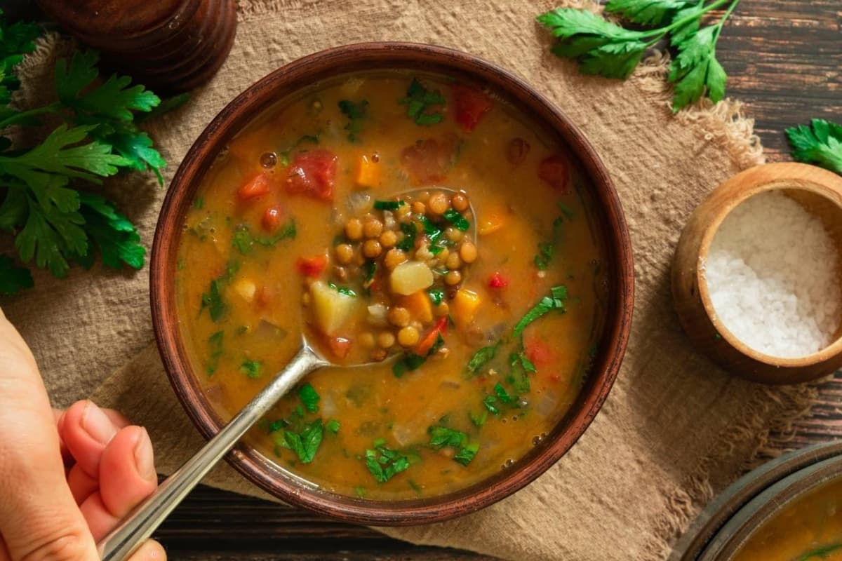 A bowl of hearty lentil soup.