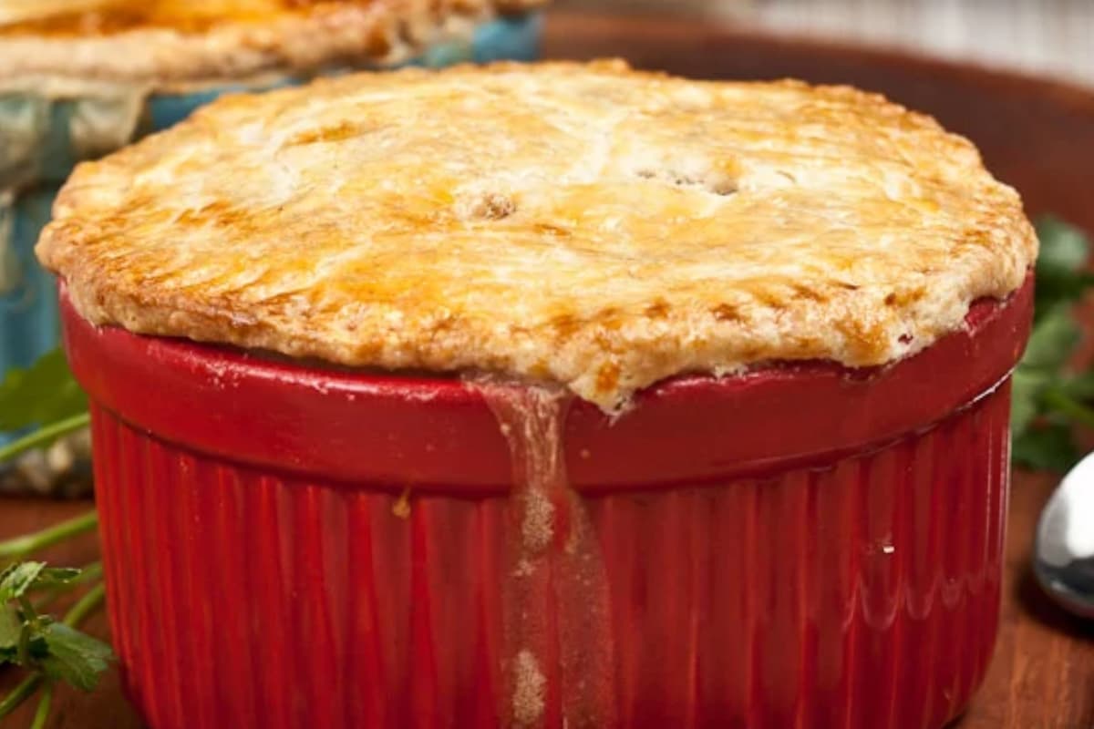 A homemade pot pie on a table.