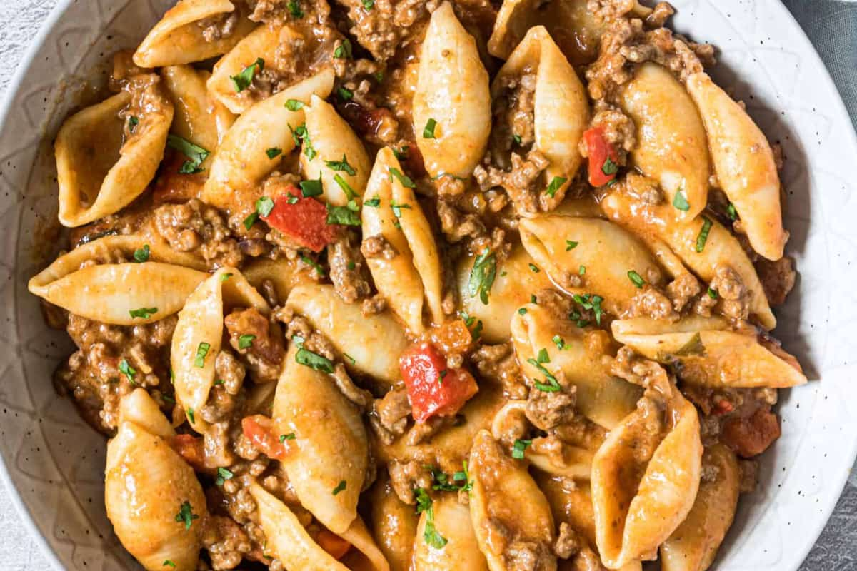 A bowl of instant pot taco pasta.