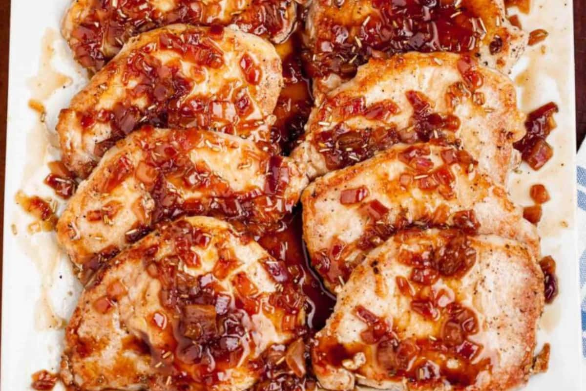 A pan of maple glazed pork chops.