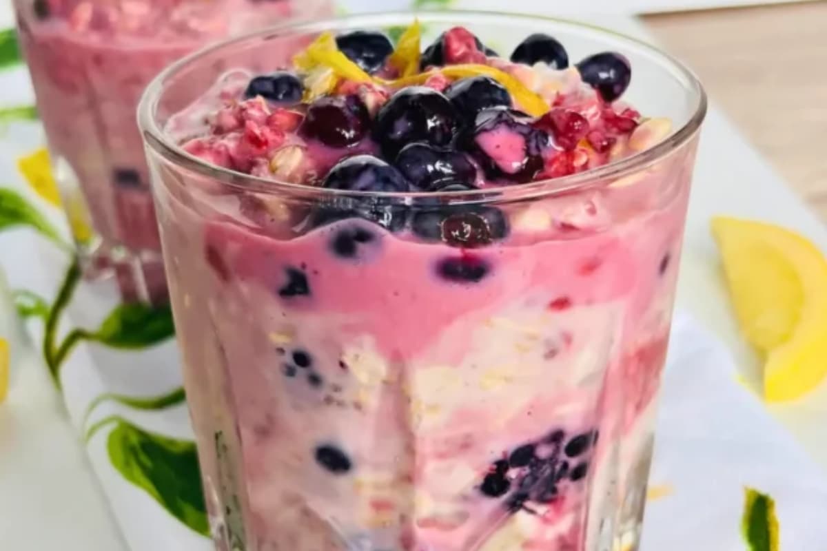 A glass of overnight oats with kefir. 