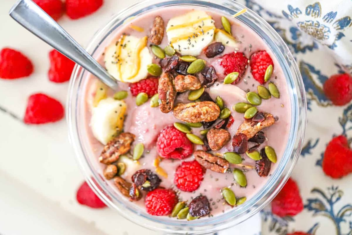 Overhead image of a protein smoothie bowl.