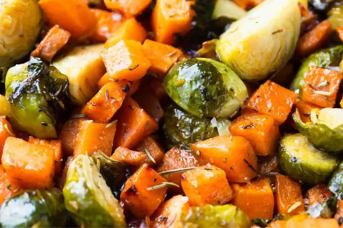 A closeup image of roasted brussels sprouts.