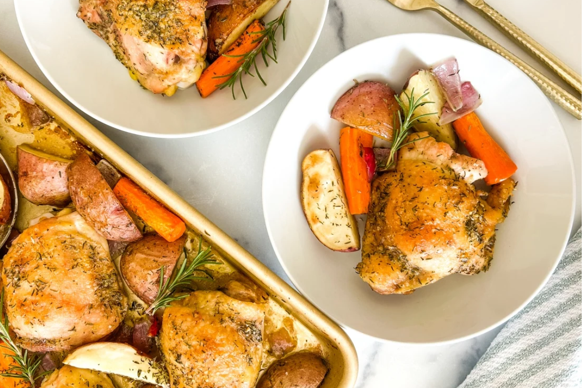 Overhead image of sheet pan chicken thighs.