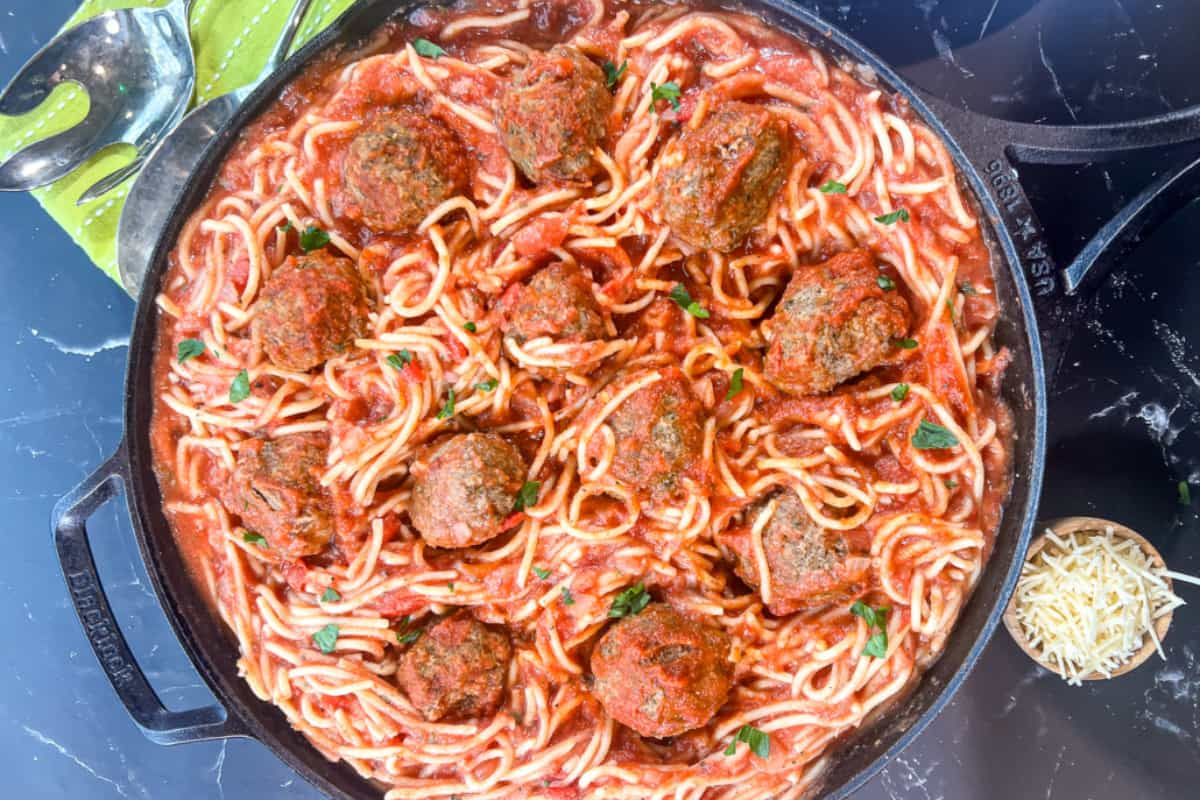 Overhead image of skillet spaghetti.