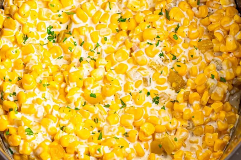 Slow cooker creamed corn overhead image.