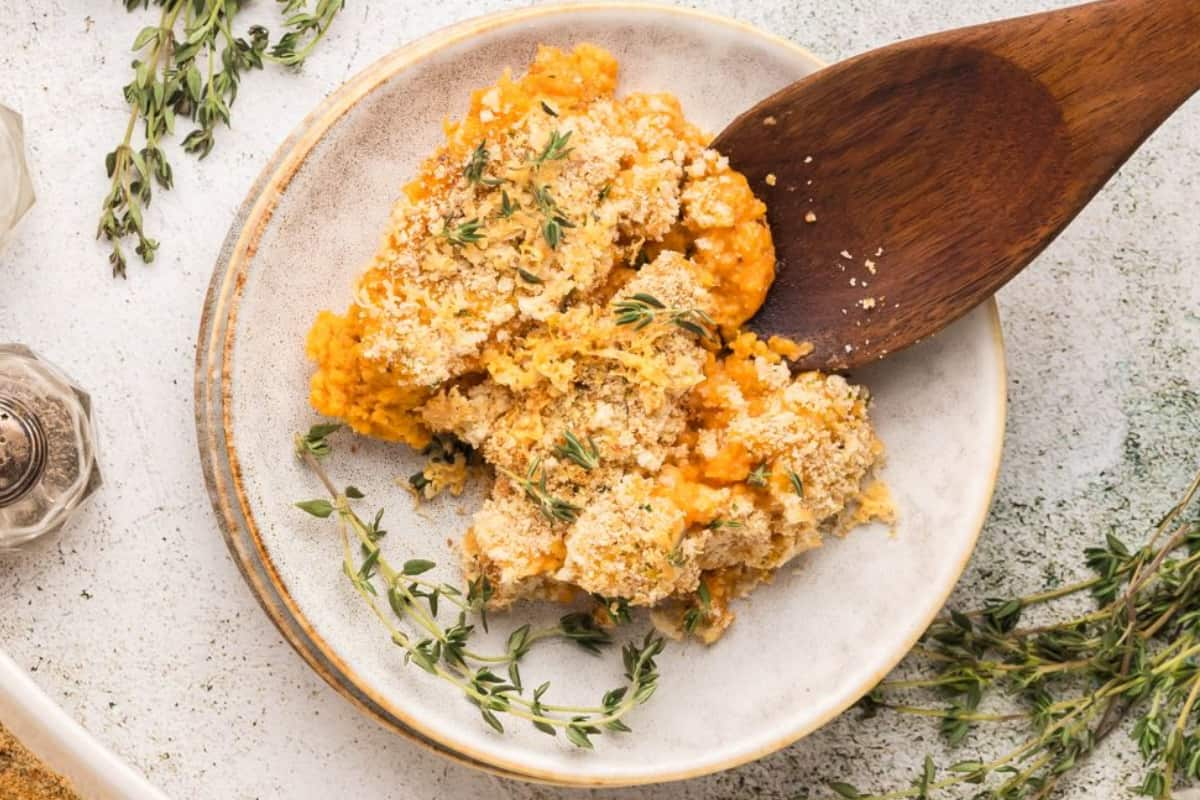 A plate of sweet potato casserole.