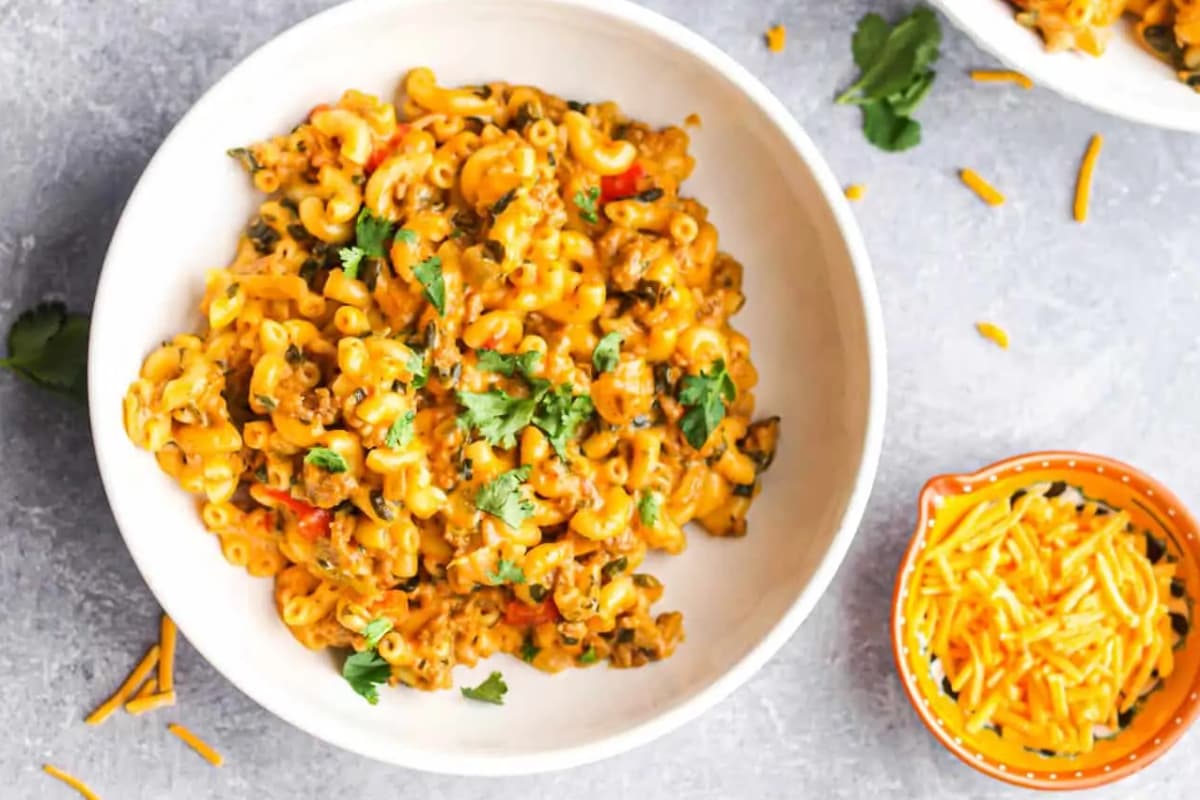 A plate of taco mac and cheese.