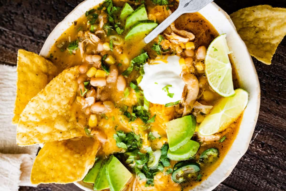 A bowl of white chicken chili.