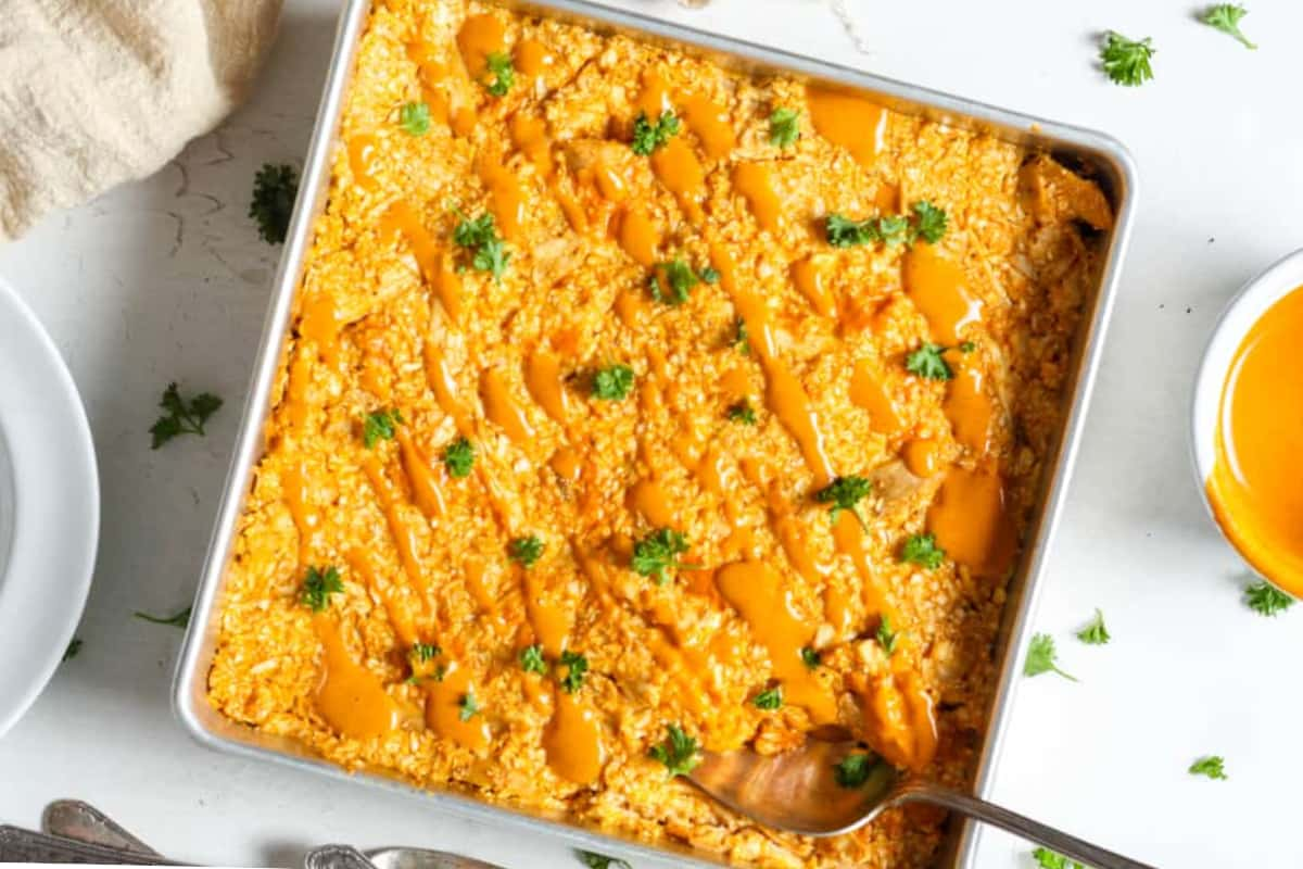 Overhead image of buffalo chicken casserole.