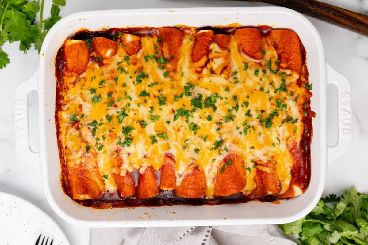 Overhead image of a chicken enchilada casserole.