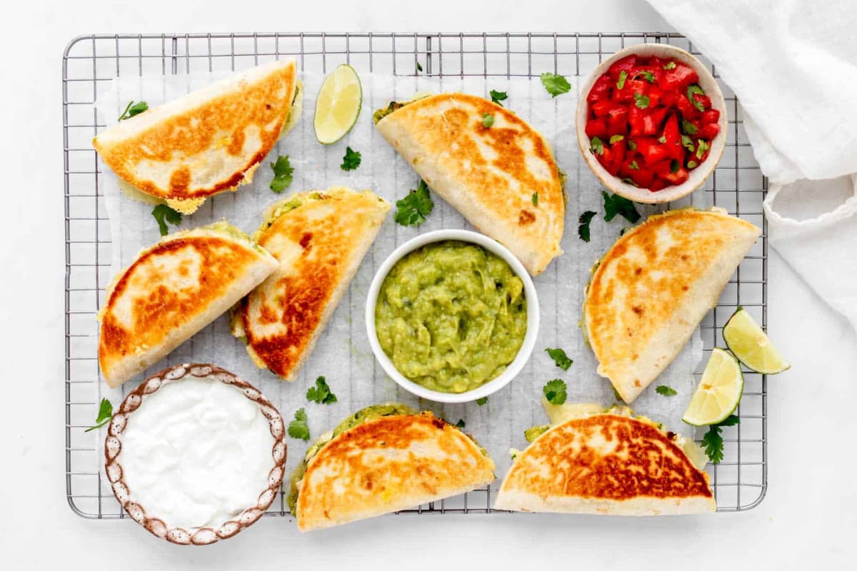 A tray of chicken quesadillas.