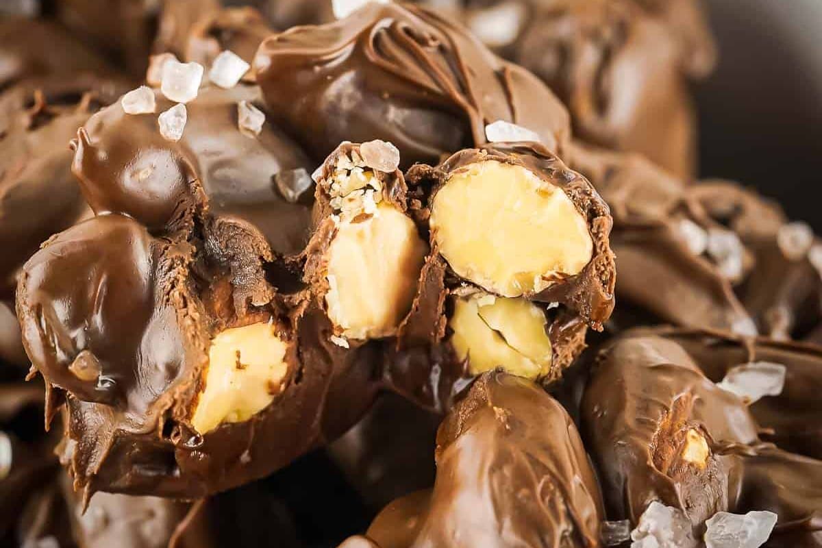 A bowl of chocolate almond clusters.