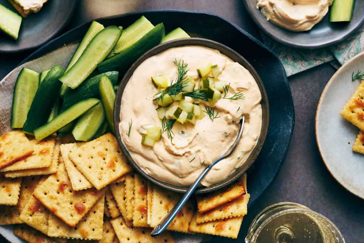 A bowl of dill pickle dip.