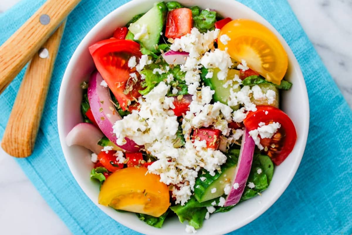 A bowl of greek salad.