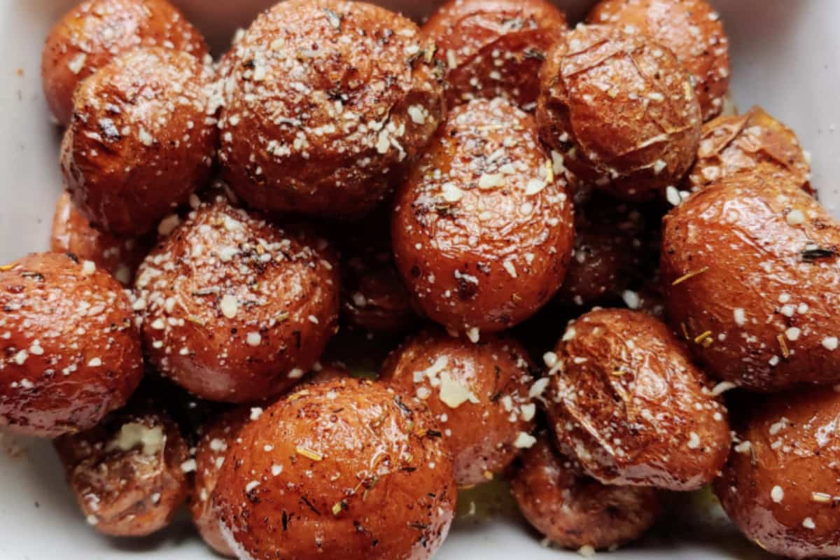 A tray of herbed baby potatoes.