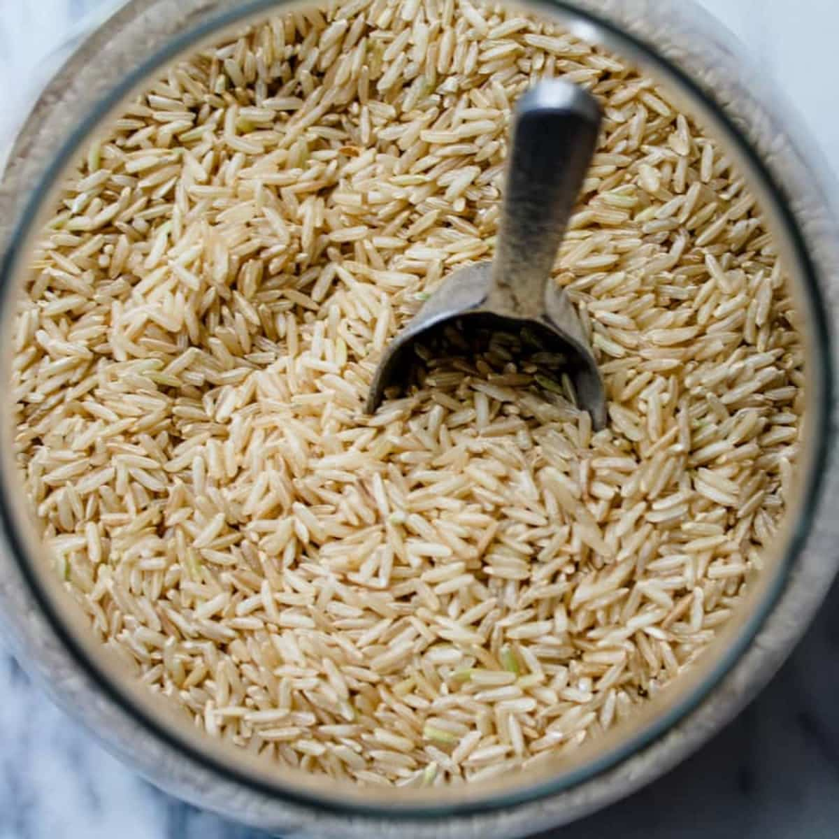 Overhead image of a jar of dry rice.