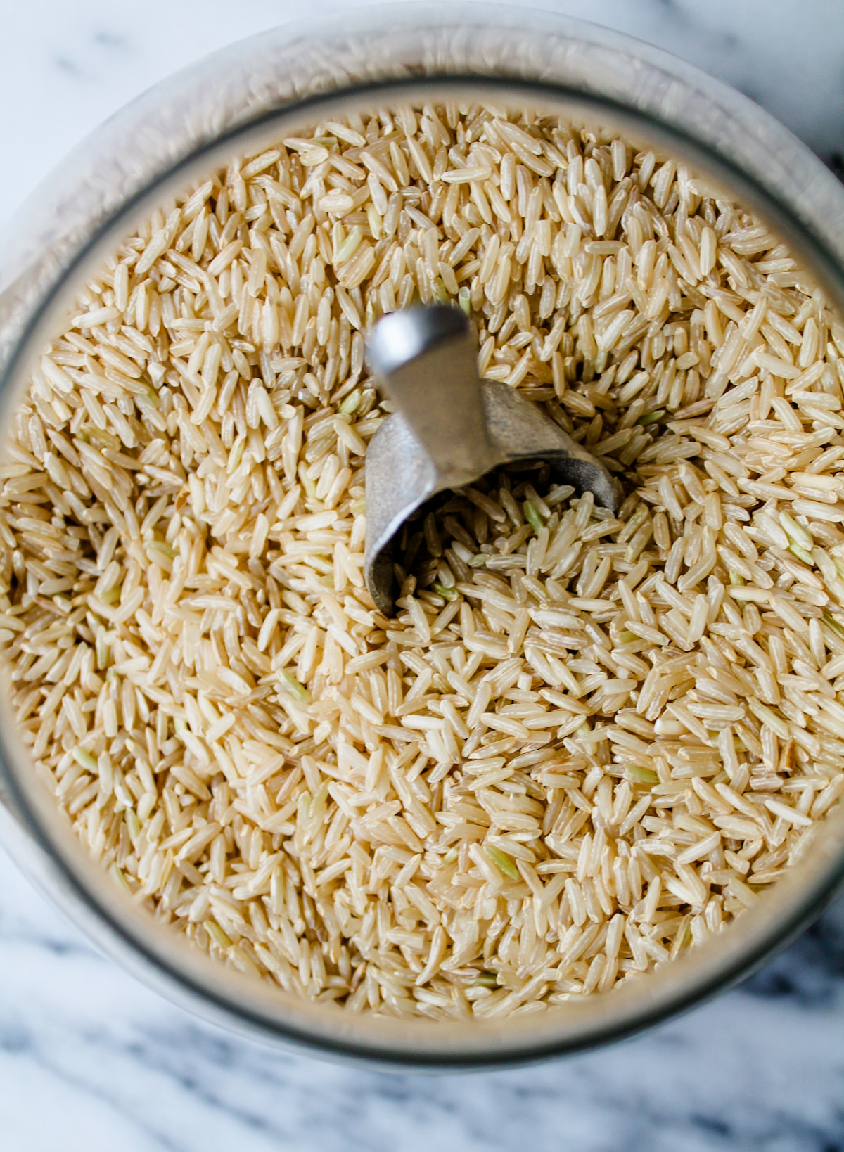 Overhead image of a jar of dry rice.