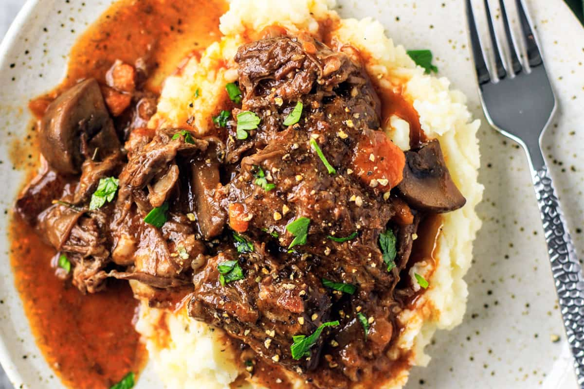 A plate of Instant Pot beef bourguignon.