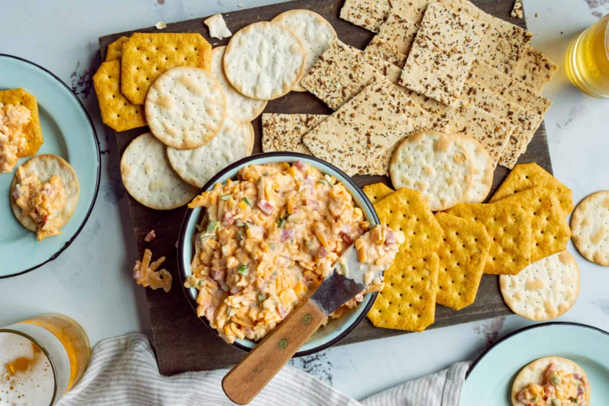 A plate of pimento cheese spread.