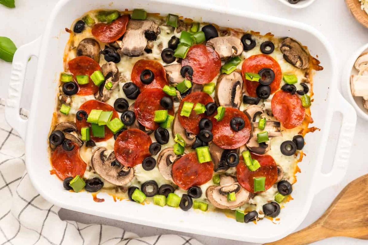 Overhead image of a pizza casserole.