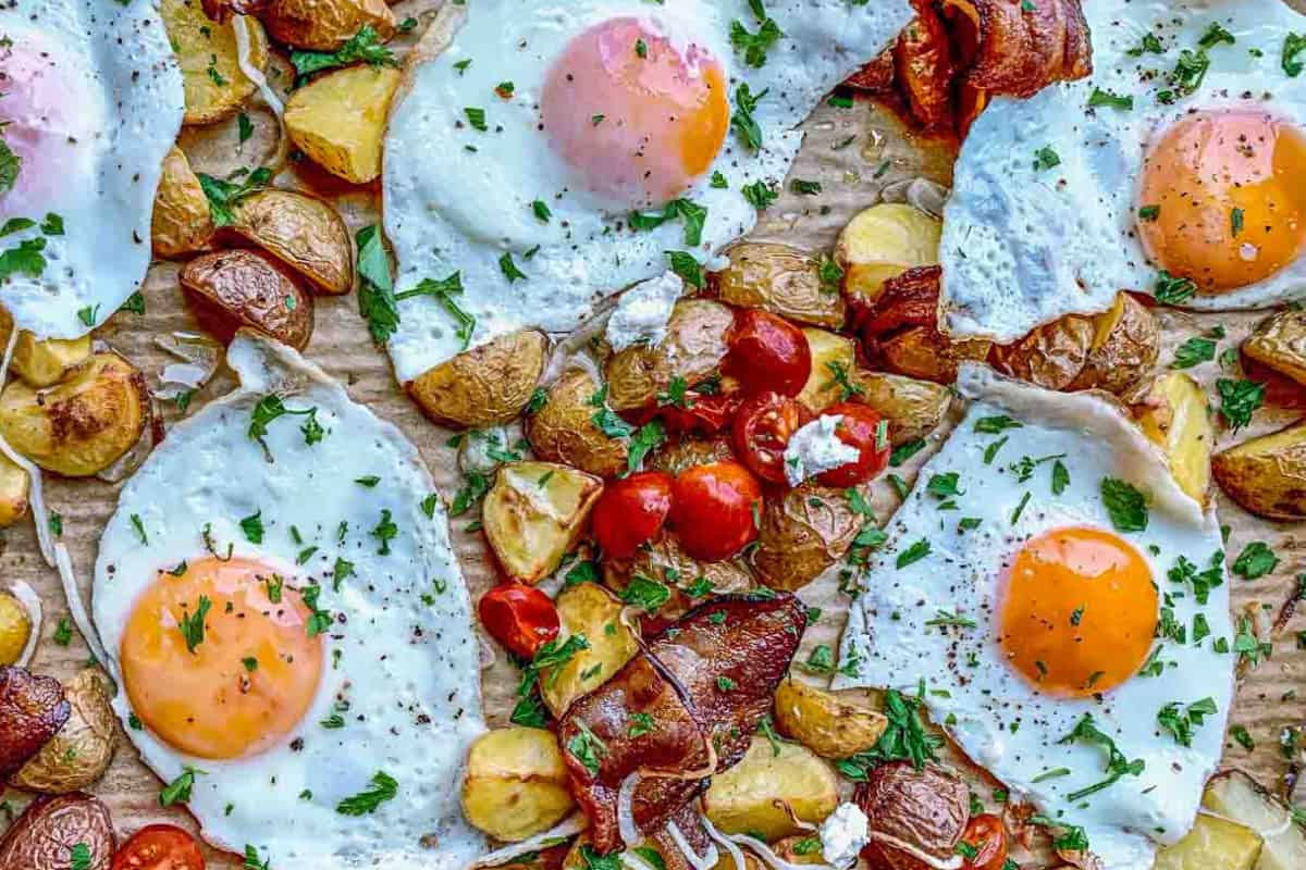 Overhead image of sheet pan breakfast hash.