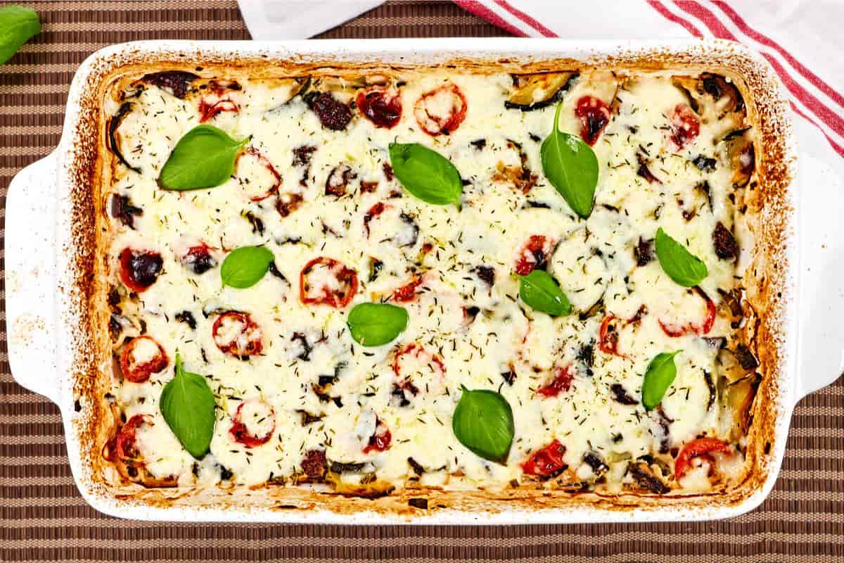 Overhead image of zucchini mushroom casserole.