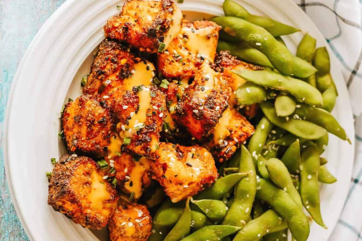 A plate of air fryer salmon bites.