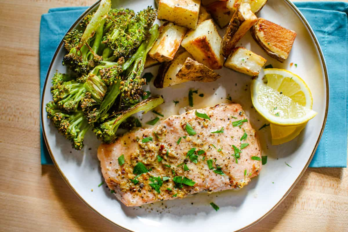 A plate of baked trout.