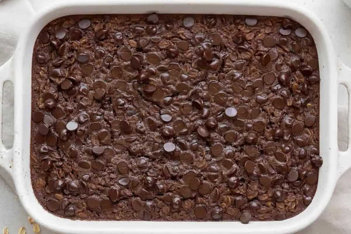 Overhead image of a brownie baked oatmeal.