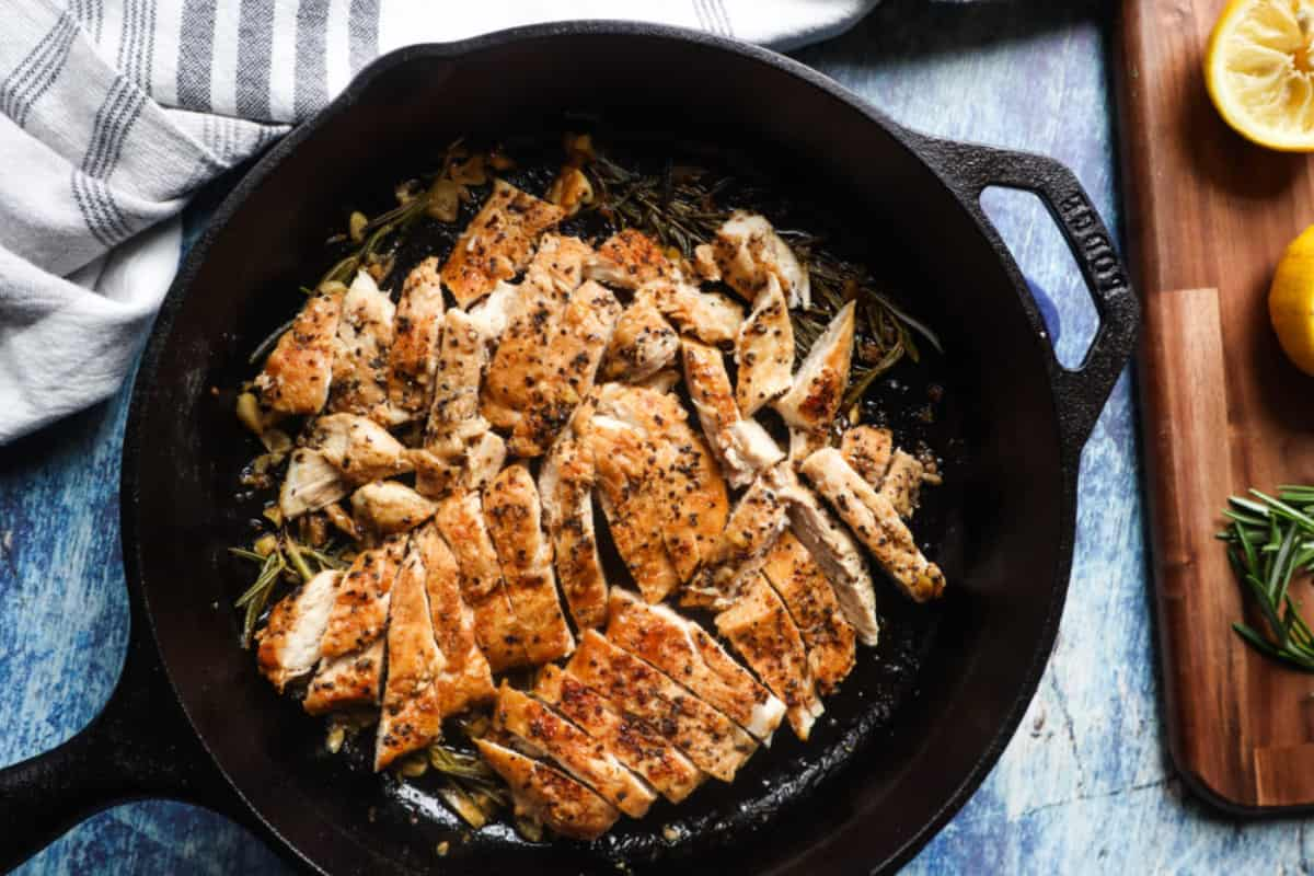 A pan of cast iron chicken breast.