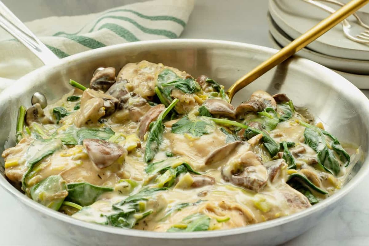 A plate of chicken breast with spinach and mushrooms.