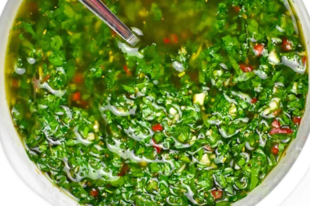 A dish of chimichurri sauce.