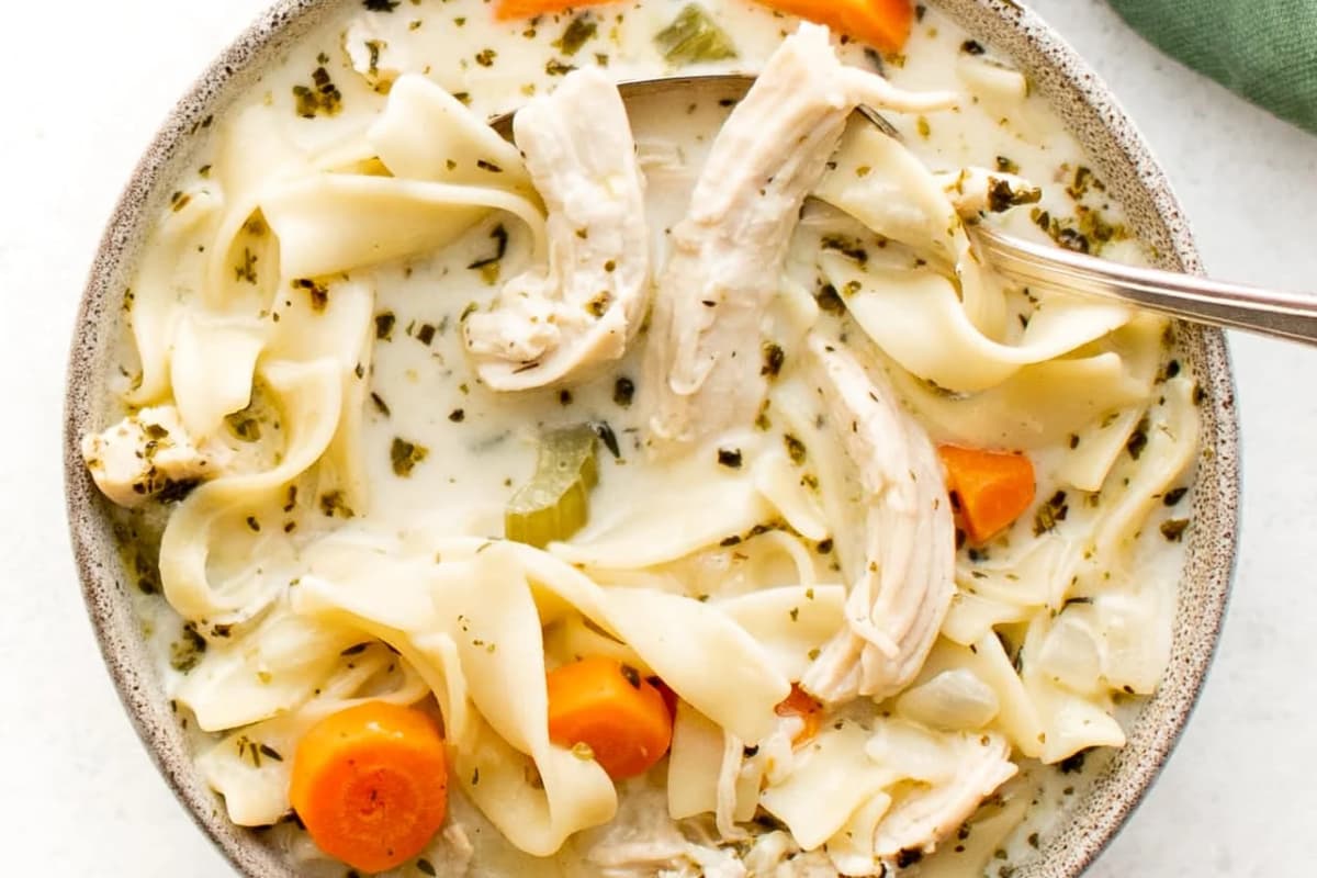 A bowl of creamy chicken noodle soup.