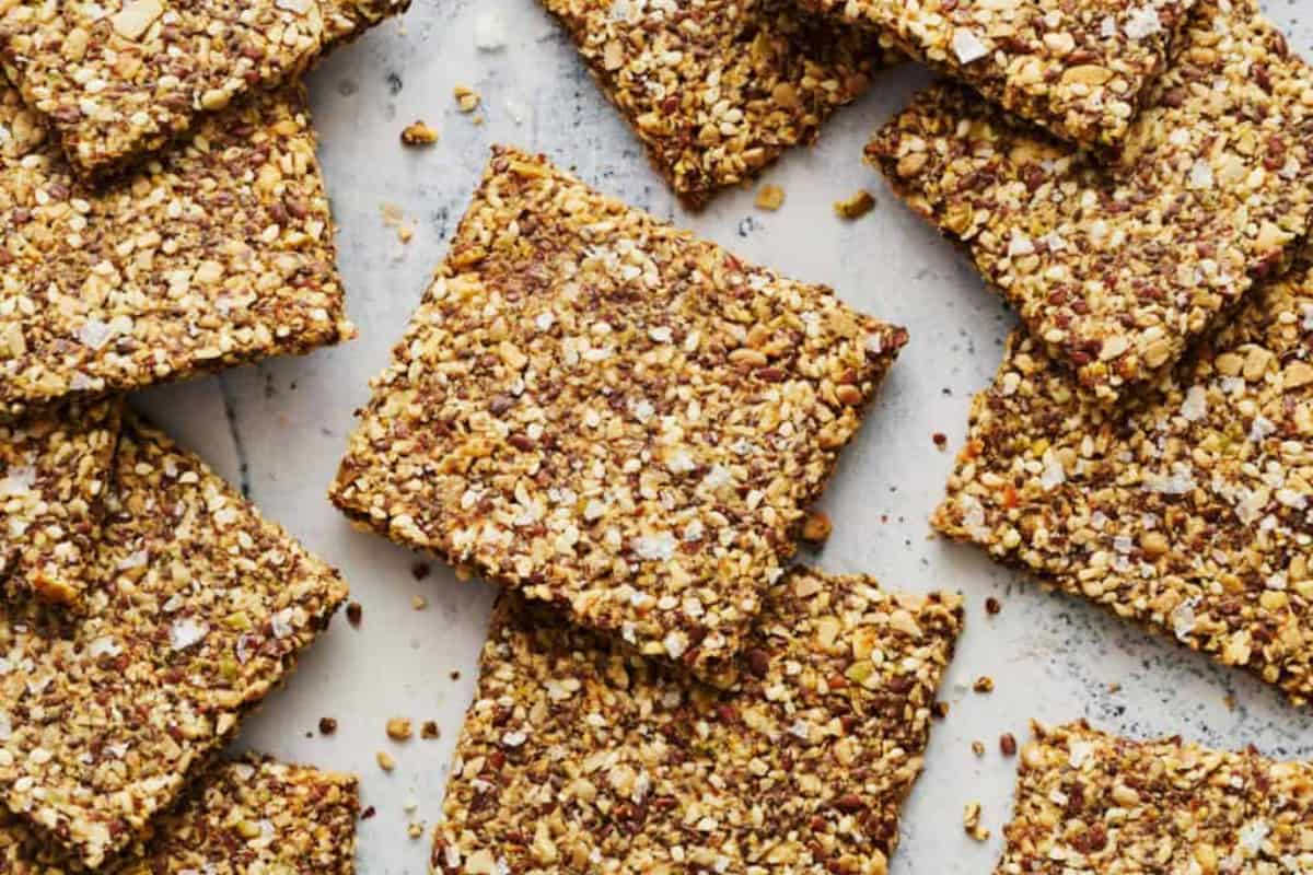 A tray of homemade flaxseed crackers.