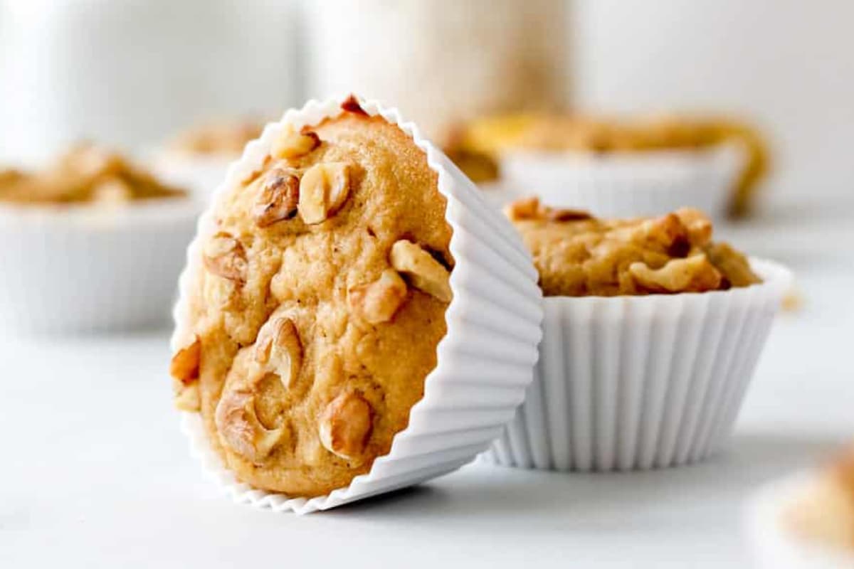 A plate of greek yogurt banana applesauce muffins.