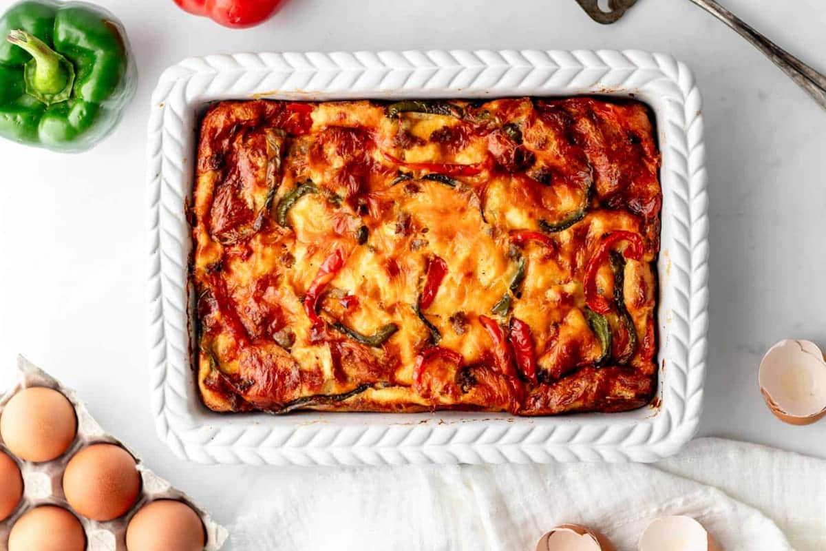 A dish of high protein breakfast bake.