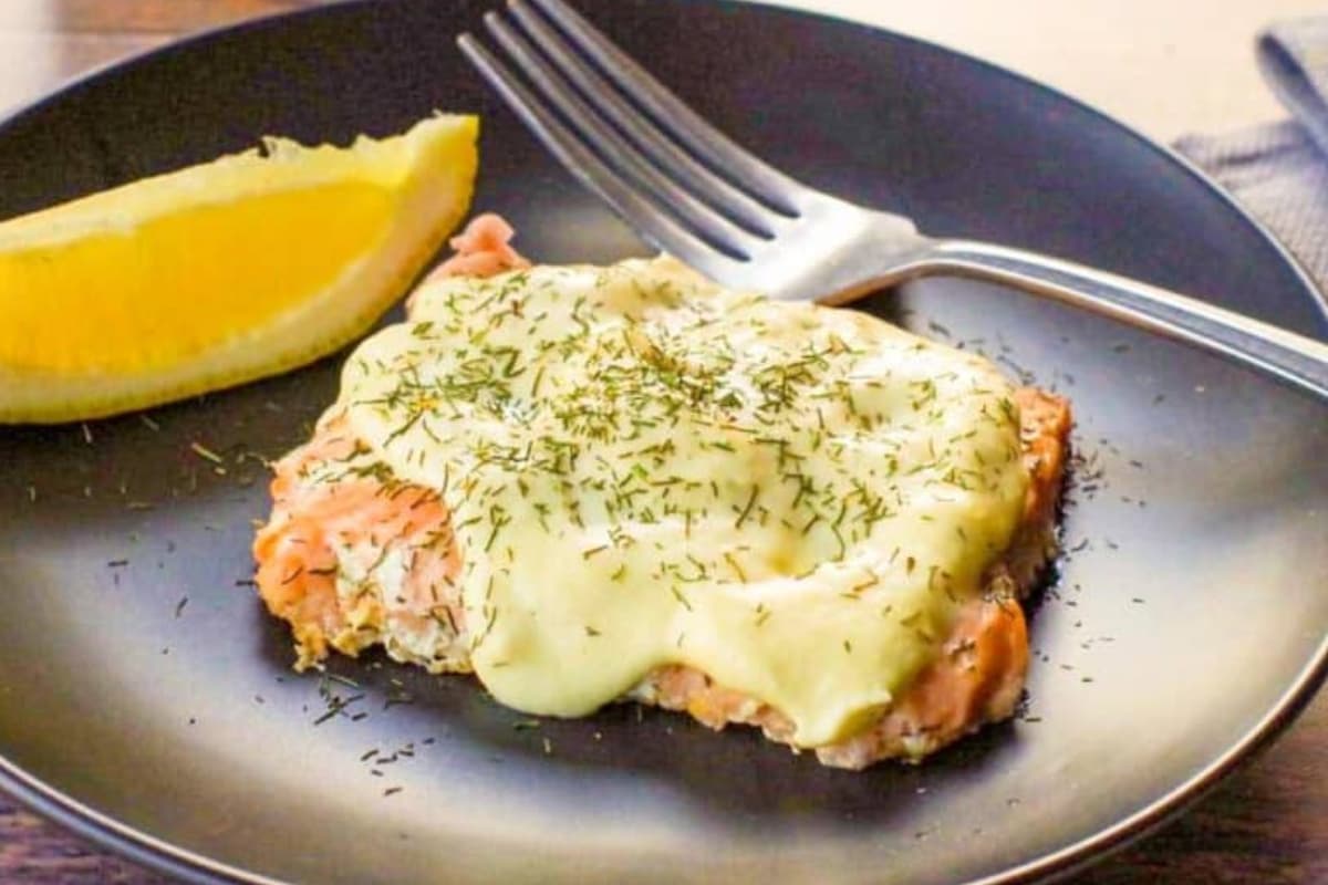 Dinner topped with hollandaise sauce.