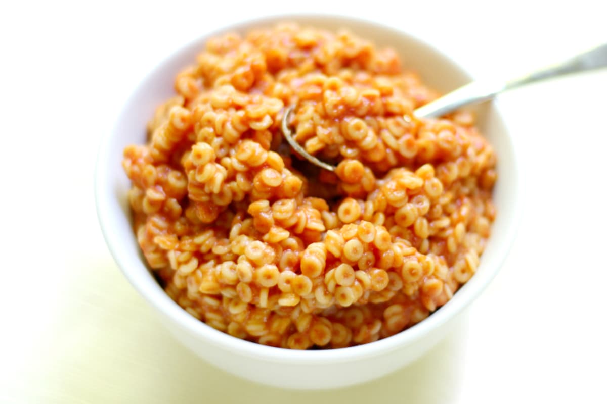 A bowl of homemade spaghetti o's.