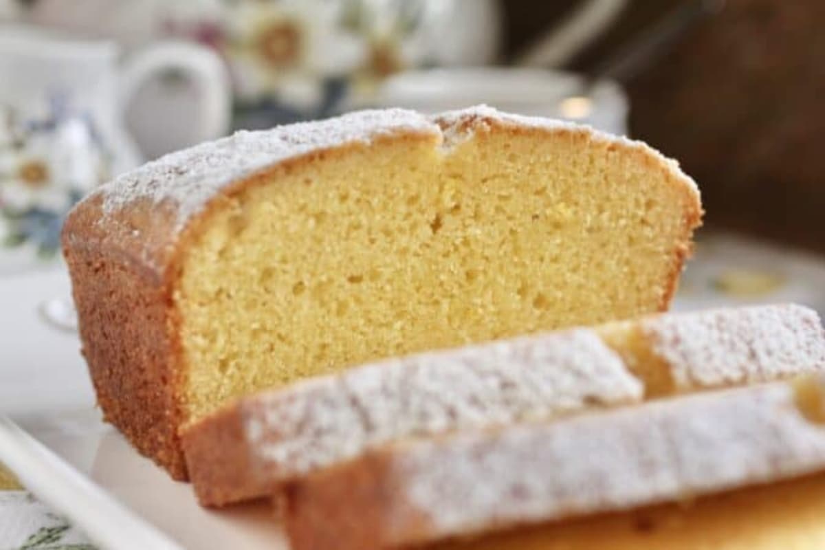 A plate of sliced lemon poundcake starbucks copycat.