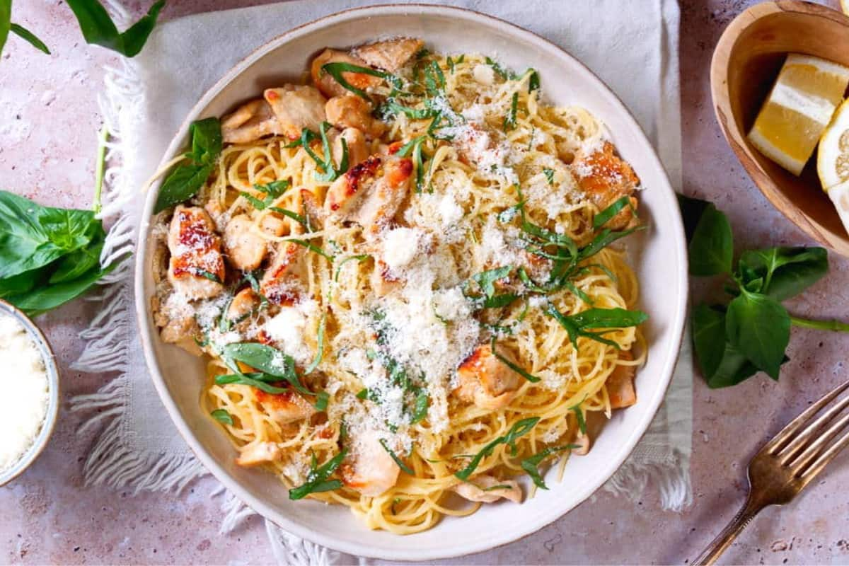 A bowl of lemon basil chicken pasta.