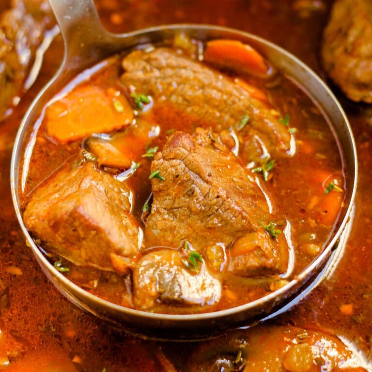 A ladle of low carb beef stew.