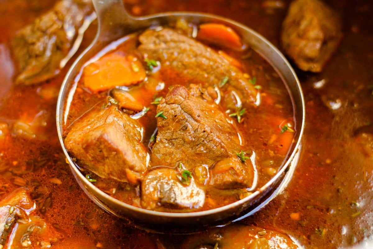 A ladle of low carb beef stew.